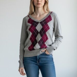 Argyle Plaid Burgundy Grey Preppy Cotton Long Sleeve Sweater Size Small